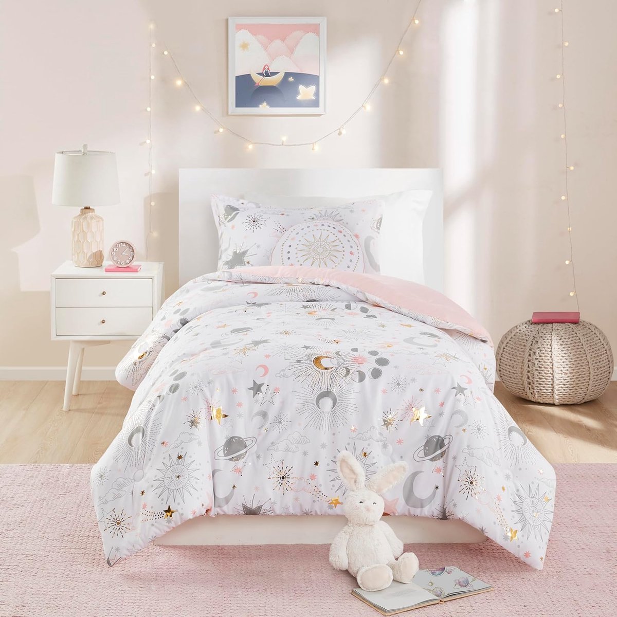 Dekbed Set Kinderen - Hemels Beddengoed - Slaapkamer Decoratie - Met Gouden Metallic Print - Twin Maat - Blush Goud