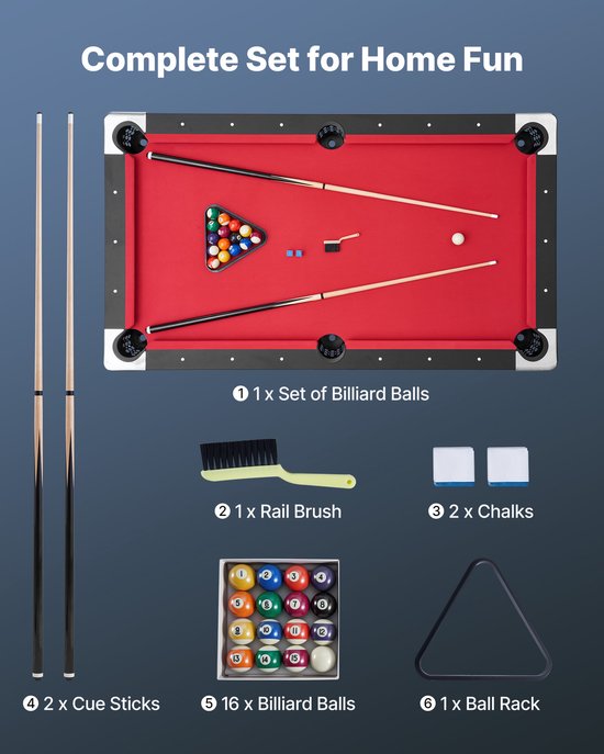 VEVOR Pooltafel 183cm Moderne Speeltafel met Verstelbare Poten, Complete Set Inclusief Ballen / Keuen / Standaard / Krijt / Borstel, voor Speelkamer Recreatiekamers Zwart met Rood Laken van Merkloos — afbeelding 5