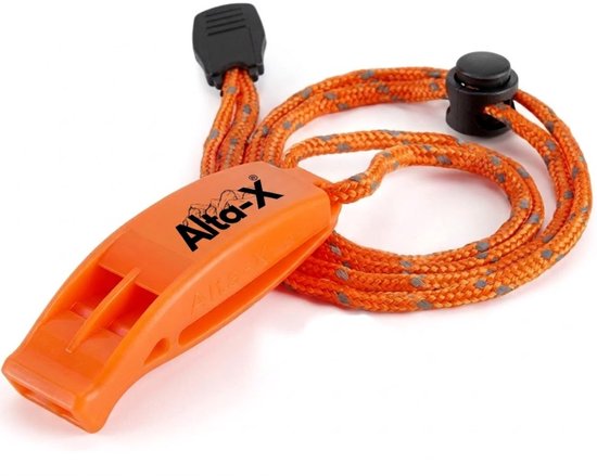 Oranje noodfluit met een reflecterend koord en clipsluiting.
