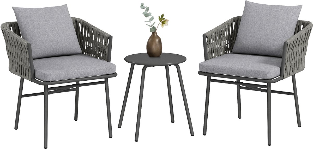 Outsunny-Rattan Bistroset-Stahl, PE-Rattan-58L x 63B x 69H cm-Grau