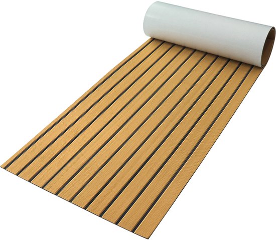 Tapis de bateau en mousse de teck EVA Pro Series – Tapis de pont autocollant haut de gamme – Plancher de bateau antidérapant – 240x60 cm – Teck clair avec des lignes noires – TeakFoamShop