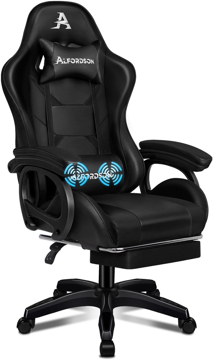 ALFORDSON - Gaming stoel met massage lendenkussen - X-Large - 5 massage modi - USB aansluiting - Uitschuifbare voetensteun - Verstelbare rugleuning 90°-150° - Ergonomisch