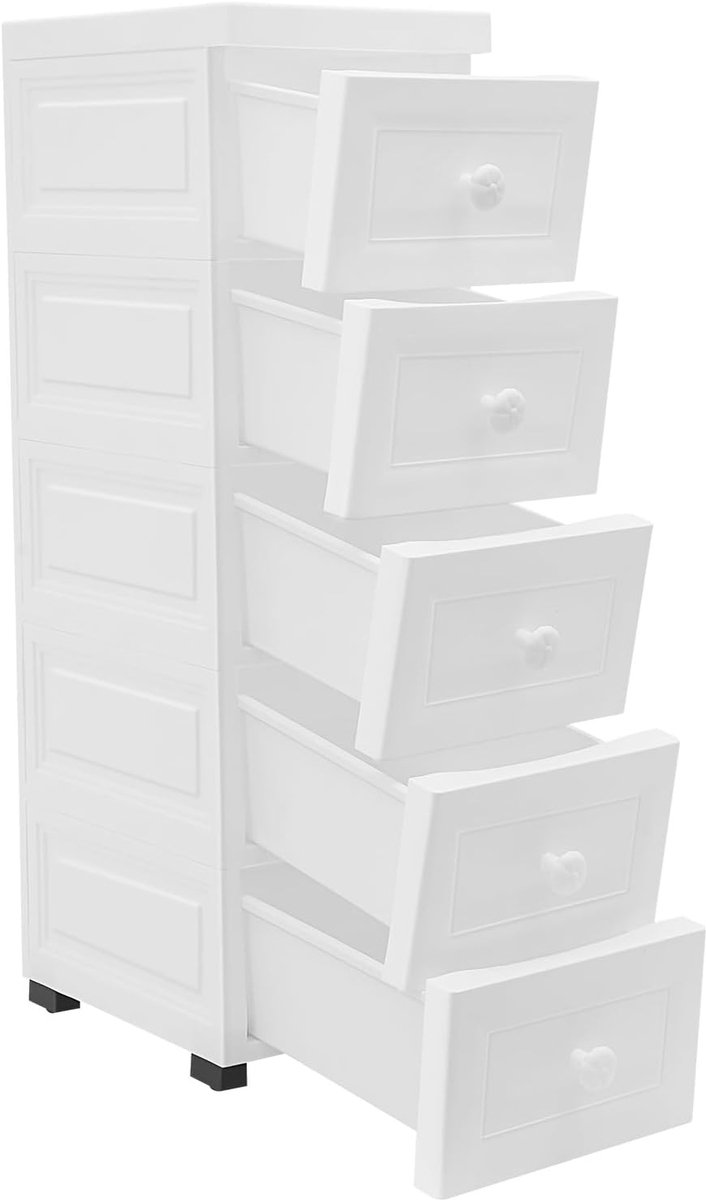 Rolcontainer met laden - Ladekast op wielen - Thuis en kantoor - Vijf anti-val laden - 25x34x82 cm - Wit