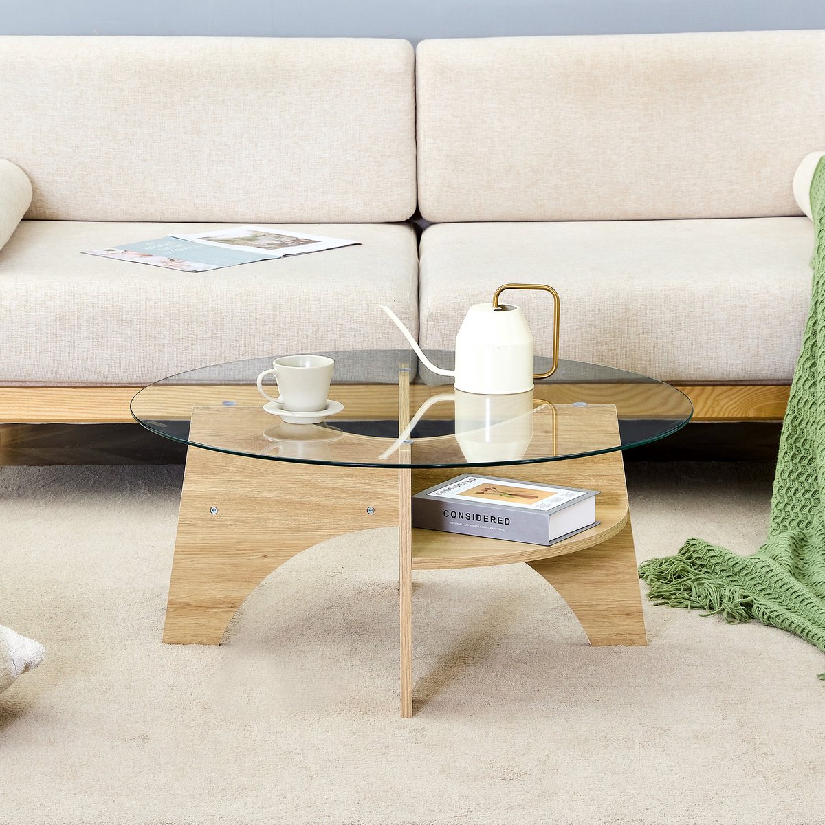 MODFU Ronde Glazen Salontafel - Veiligheidsglas - Modern - Voor Woonkamer - MDF - Transparant Natuurkleur - Ø 80 X 36 Cm Transparant + Hout