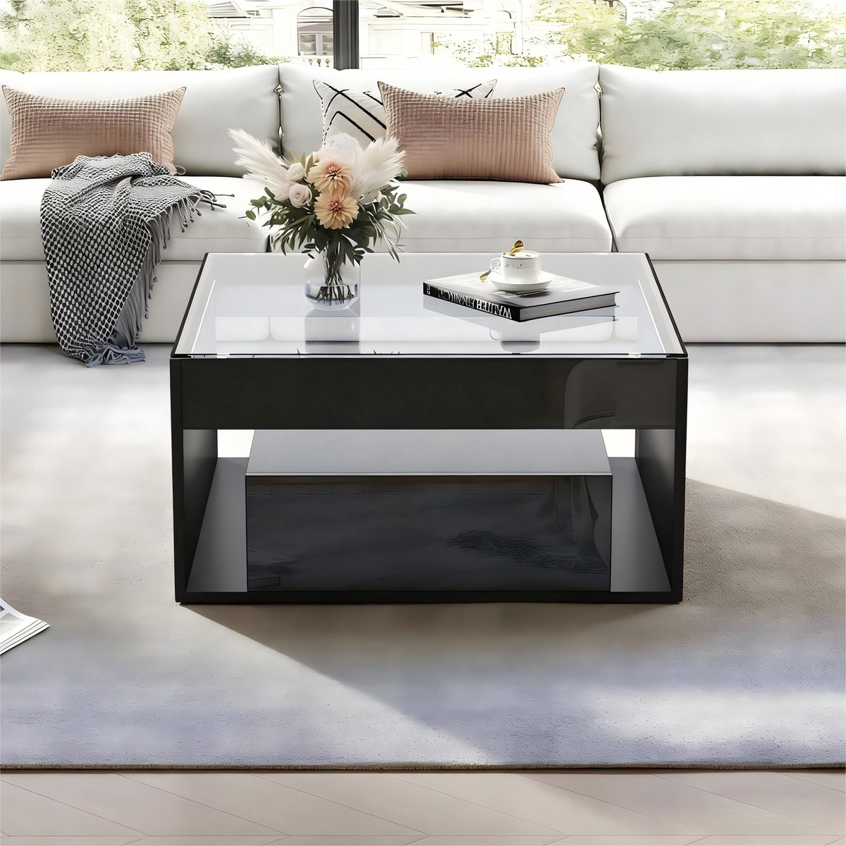 MODFU Salontafel Met 2 Laden En Ledverlichting - Hoogglans - MDF En Gehard Glas - Zwart - 70 x 70 x 35 cm