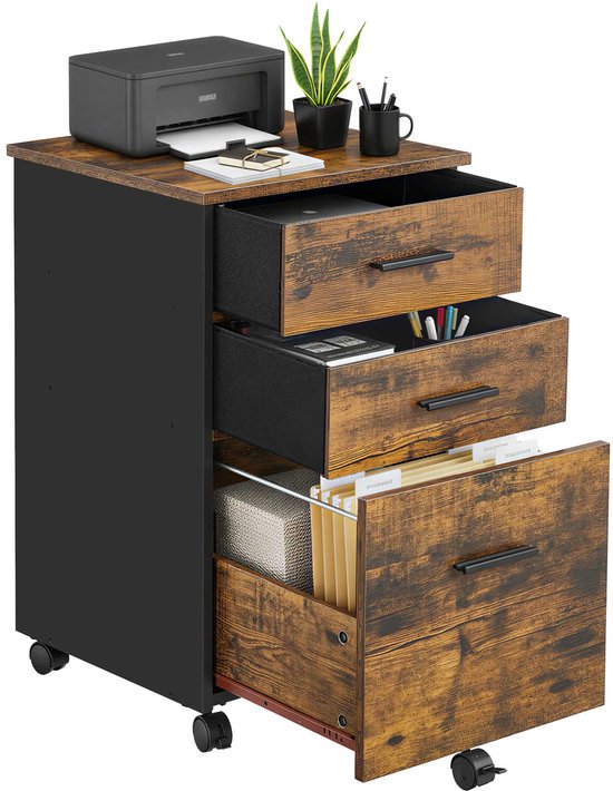 Bruine laderkast met houten print, vier open lades, printer, plant en pennenbakje op de bovenste lade.