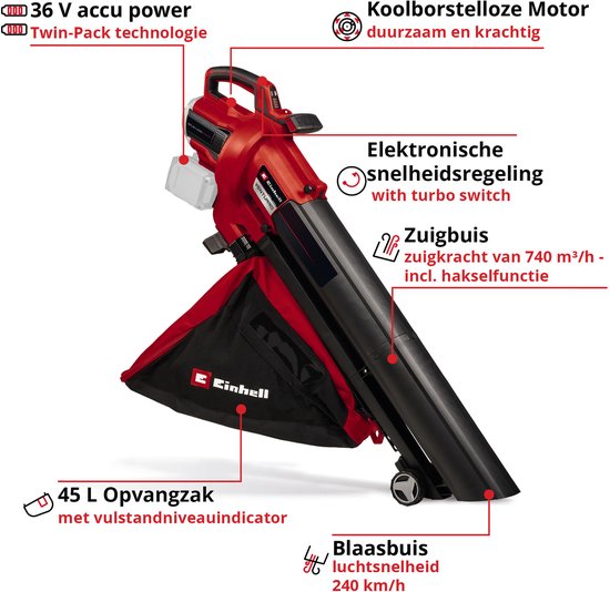 Einhell Accu Bladblazer/-zuiger VENTURRO 36/240 Li Solo - Power X-Change - 36 V/Li-ion - Blaassnelheid: 240 km/h - 45 L opvangzak - Hakselfunctie: 10:1 - Excl. accu en lader van Einhell — afbeelding 2