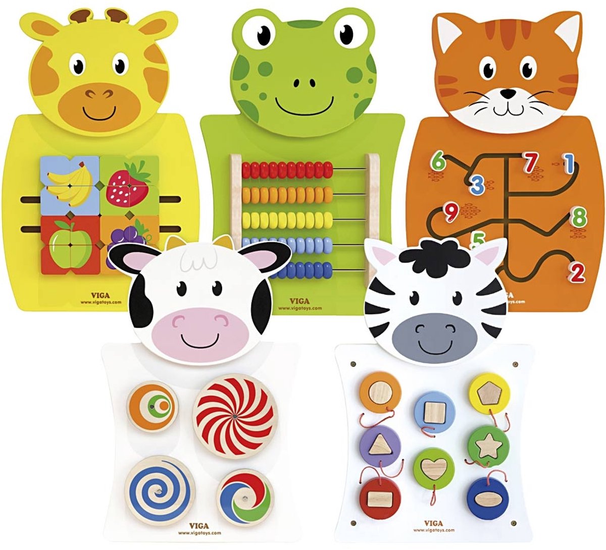 VIGA Activiteitenboard Set van 5 Dieren - Koe, Kat, Kikker, Zebra en Giraf - Educatief Bordspel 36x55 cm voor Kinderen