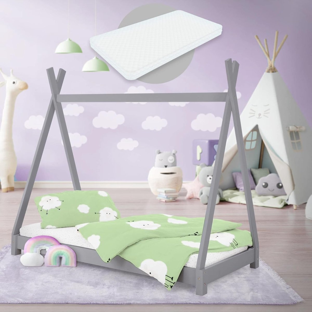 Kinderbed tipi - Huisbed speelbed - Slapen spelen - Inclusief matras bodem - 80x160 cm - Lichtgrijs