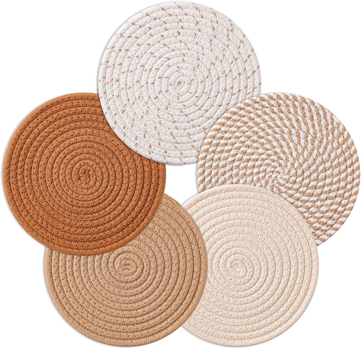 Hittebestendige placemats, komonderzetters, bruin, 5 stuks, diameter 18 cm