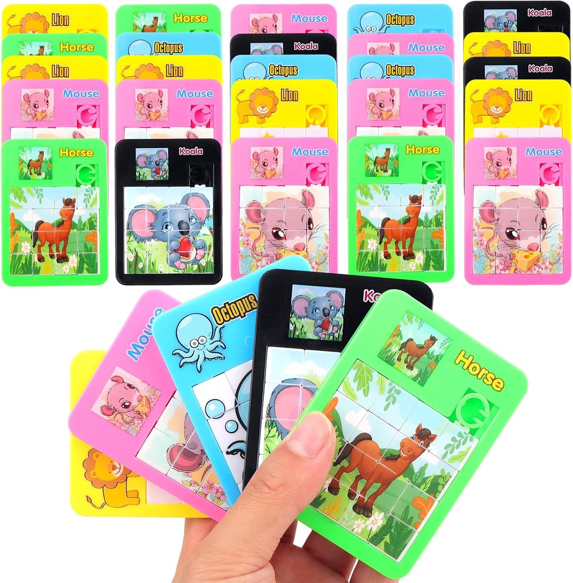 Schuifpuzzel 30 stuks - Geduldspel mini - Feestcadeau reizen - Dier motieven - 7 x 5 cm - Transparant