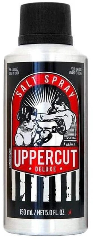 Zilveren spuitbus Uppercut Deluxe Salt Spray met zwarte dop. Label toont boksend figuur en tekst.