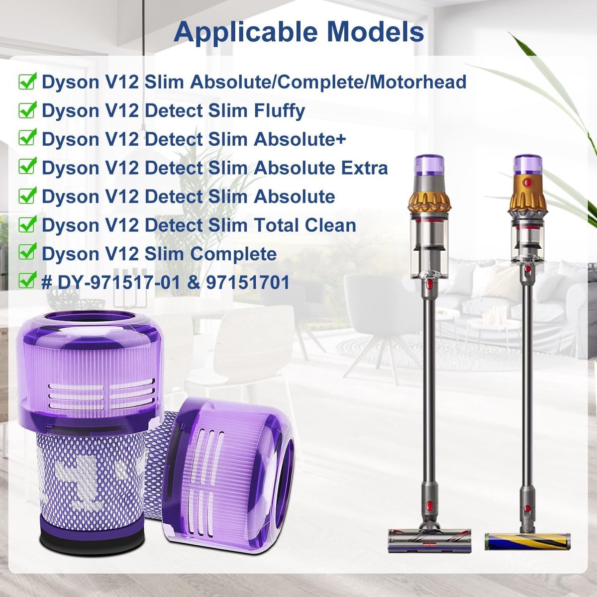 2-pack V12-filters - vervangingsfilters voor Dyson V12 Detect Slim Absolute Extra/Total Clean/Fluffy stofzuigers - SV34 - SV35 stofzuigers - wasbaar HEPA-filter met 1 borstel - onderdeelnummer 971517-01 thumbnail 5