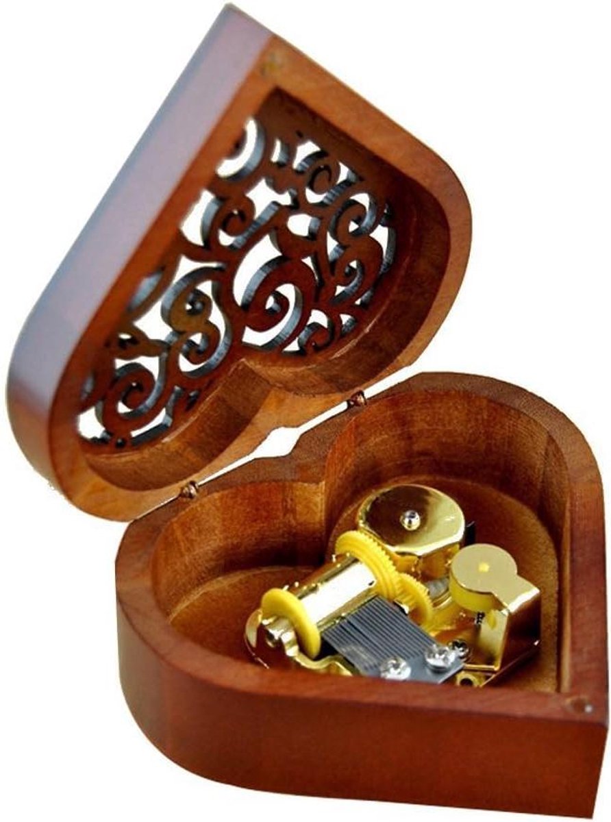 Houten Muziekdoos - Opwindbaar Cadeau - Decoratie - Hartvorm Design - 10.5 x 10 cm - Houtkleur
