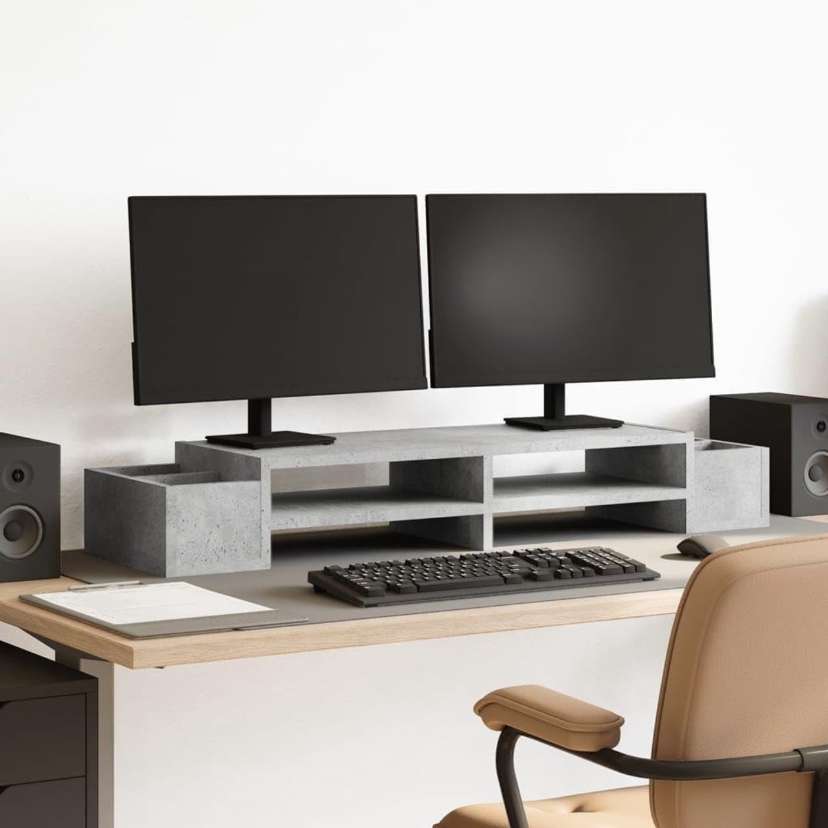 vidaXL Monitor stand with storage space 100x27x15 cm wood concrete grey