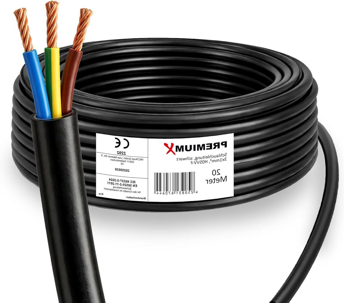 Premium X Slangleiding H05VV-F 3 x 1 mm² - flexibele pvc-aansluitkabel voor elektrische aansluitingen binnenshuis - 20 meter