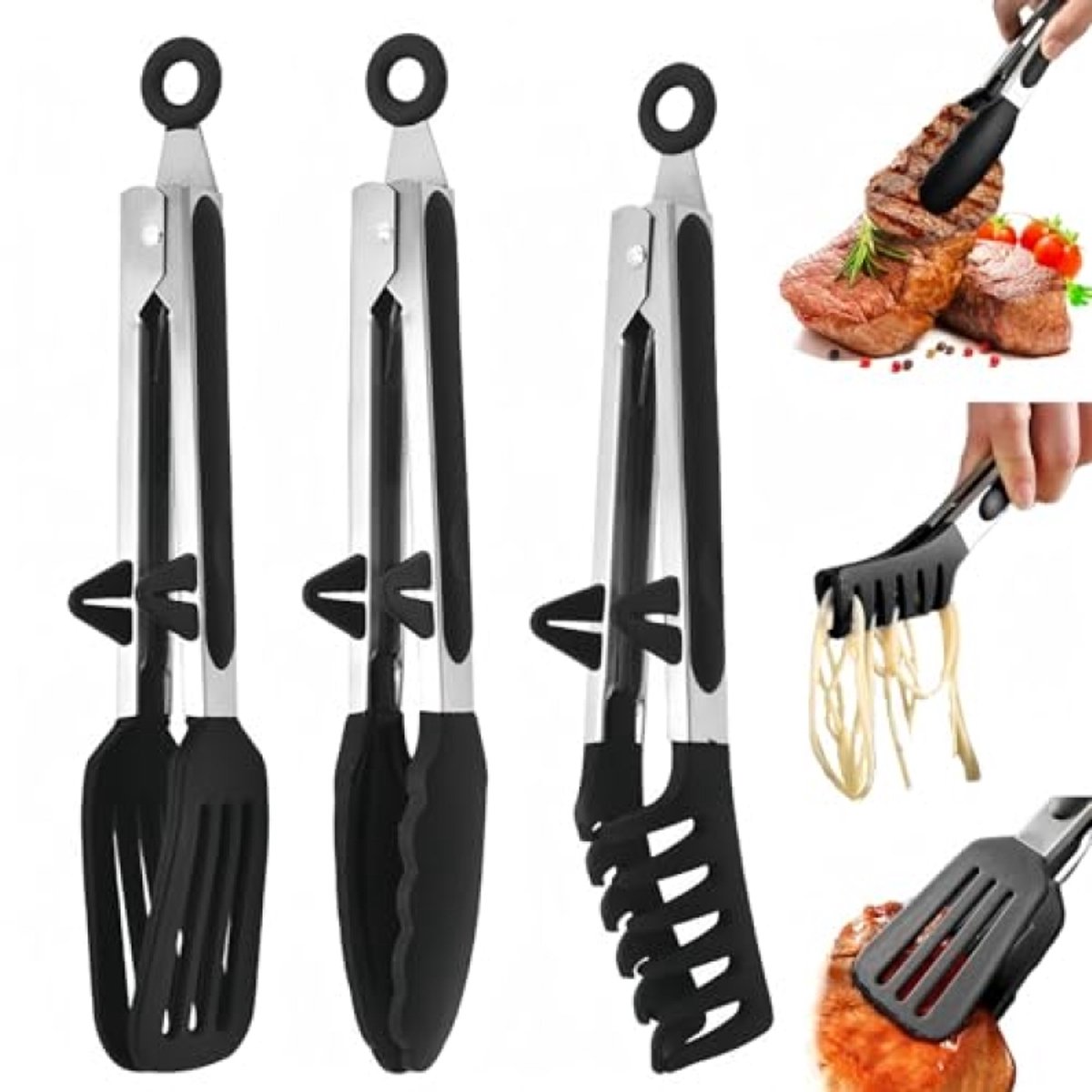 Set van 3 keukentangen met siliconen koppen - 27 cm - Inclusief handige houder