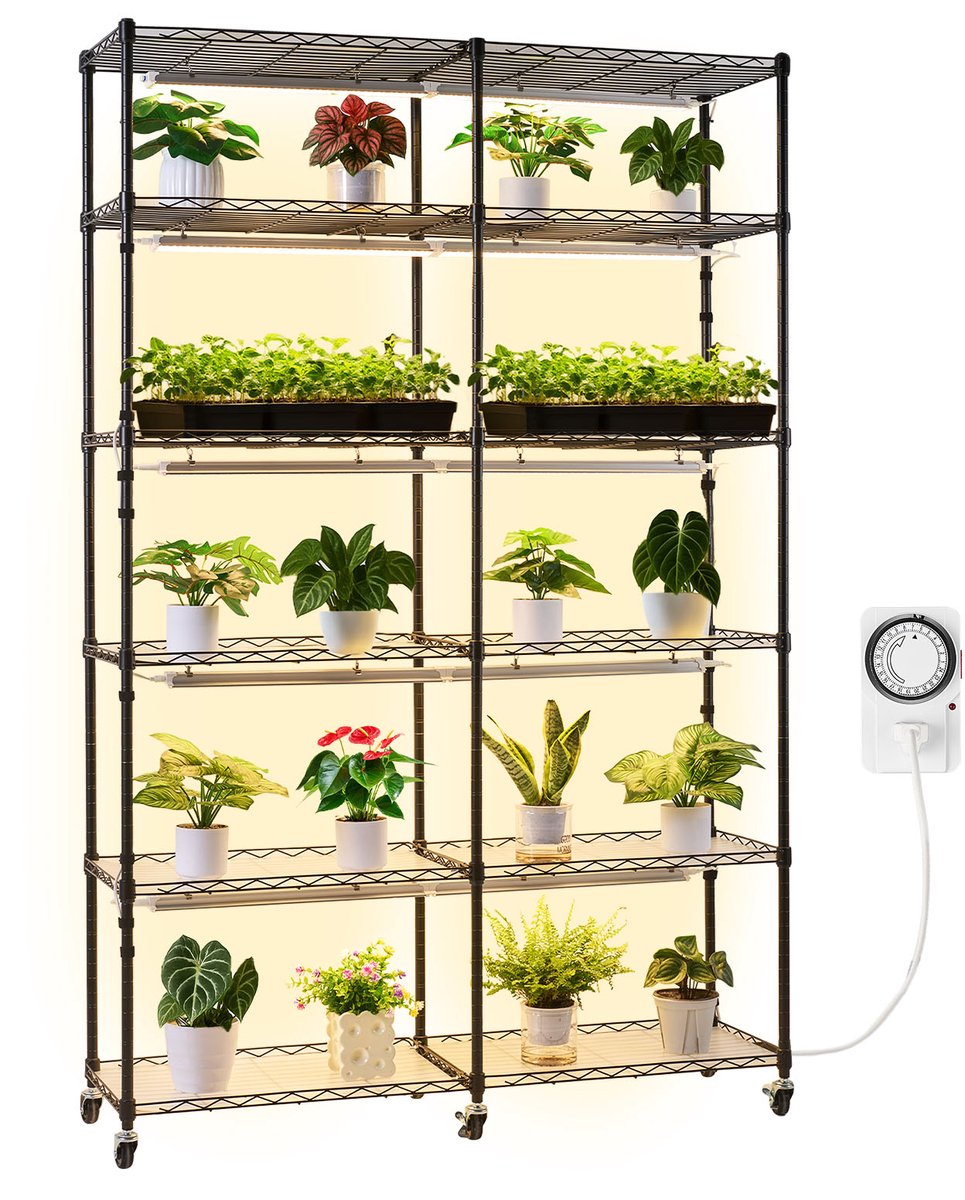 VEVOR Plantenrek met Kweeklamp, 6-laags, Dubbele Laag Plantenstandaard voor Binnen met Wielen en Timer, 200W Full-spectrumlampen, Bloemenrek voor Zaaien, 120x35x180cm