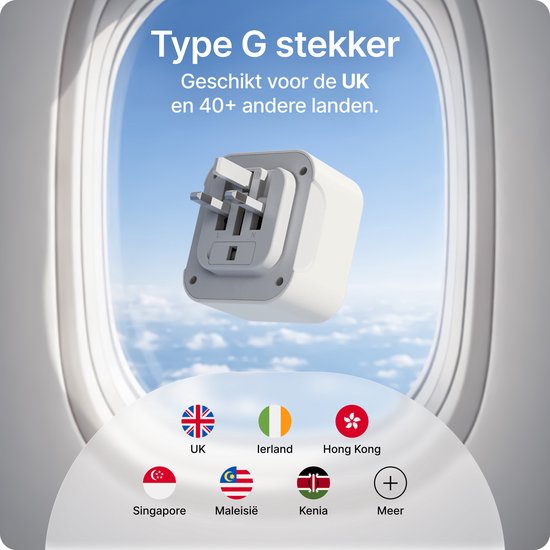 Type G stekker, geschikt voor het VK en 40+ andere landen, met vlaggen van VK, Ierland, Hong Kong, Singapore, Maleisië, Kenia.