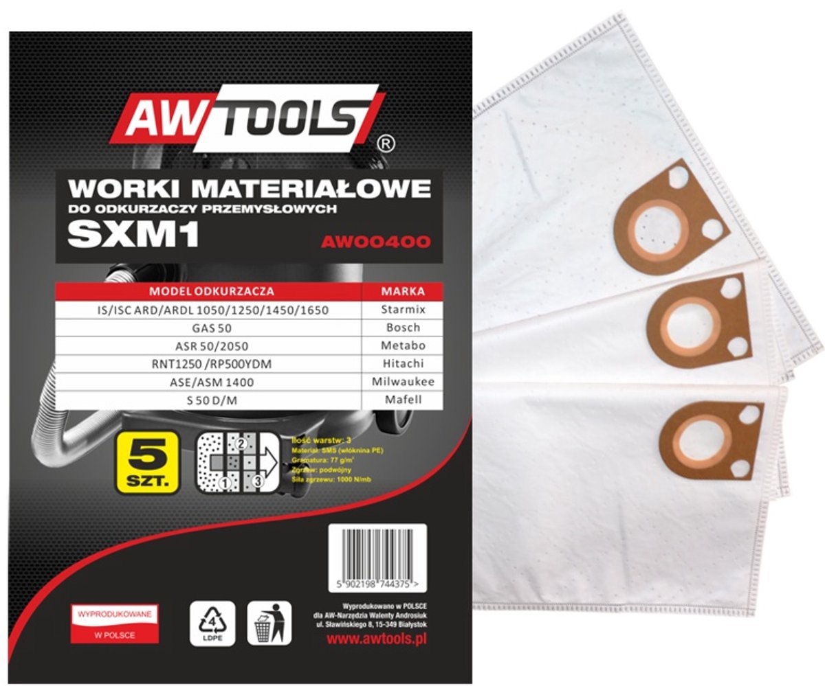 AWTools SXM1 Serie - Synthetische Stofzuigerzakken - Driewandige Microvezel - 5 Stuks - Industriële Gebruik