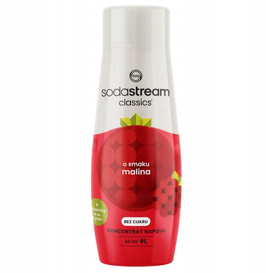 Fles SodaStream Classics o smaku malina, met frambozenprint en 'BEZ CUKRU' (suikervrij) tekst.