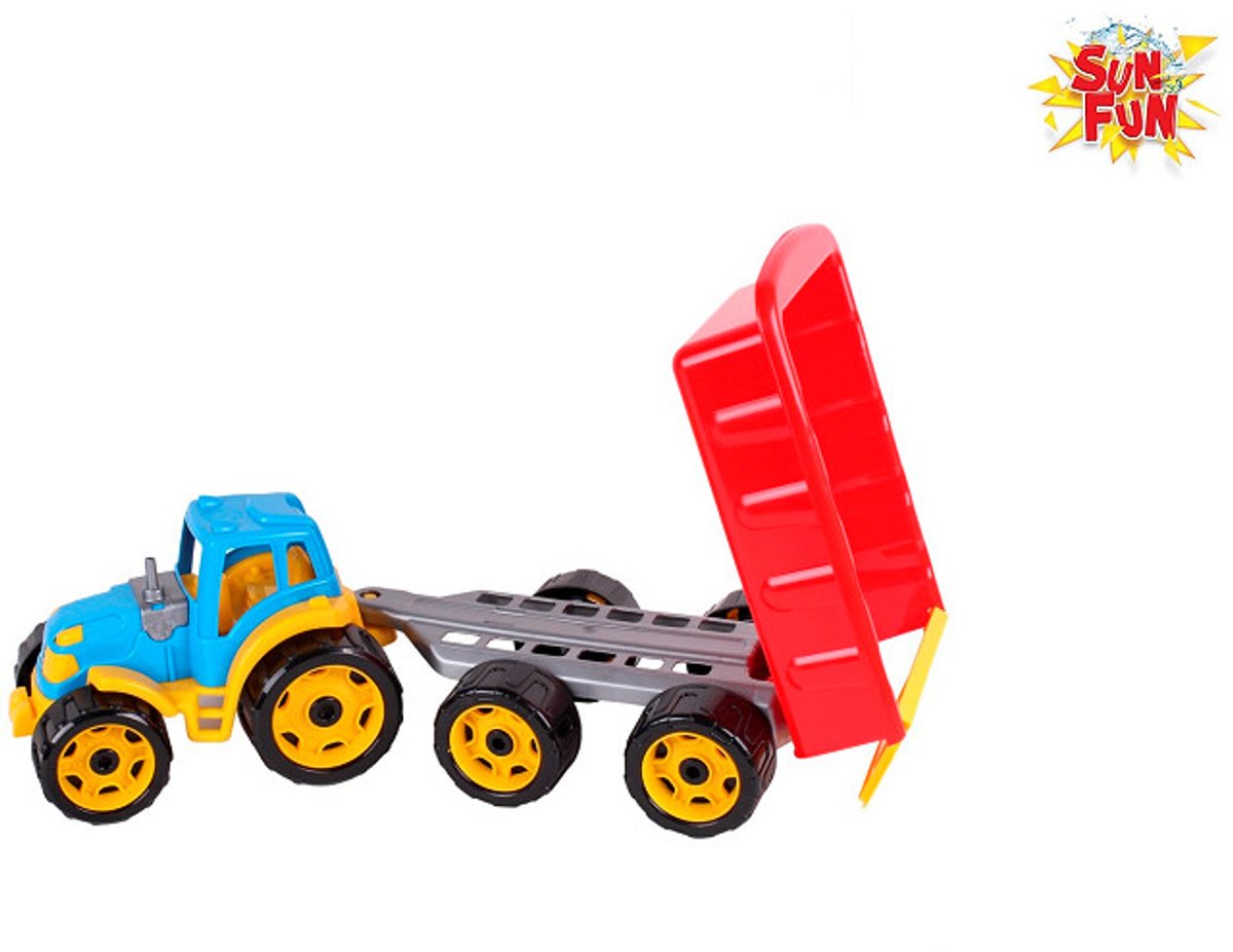 Sun Fun Tractor met aanhangwagen 52,5x19x16,5cm Blauw-Rood-Geel
