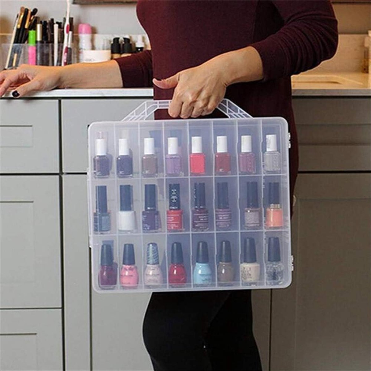 Nagellak Opbergdoos - Cosmetica Organizer - Make-up Opbergen - 48 Roosters - 30x35x8.5cm - Transparant