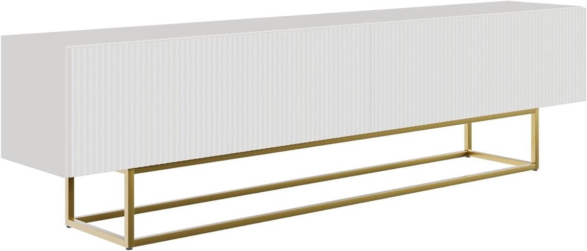 TV Meubel - Televisie Kast - Woonkamer Inrichting - Gefreesde Fronten - 175 cm Breed - Wit Gouden Frame
