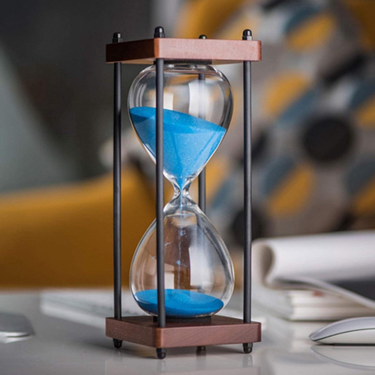 Grote Zandloper Timer - Zandklok Decoratie - Tijdbeheer Hulpmiddel - Houten Frame - 15 30 Minuten - Blauw