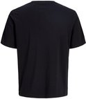 Achterkant van een zwarte t-shirt met korte mouwen en ronde hals.