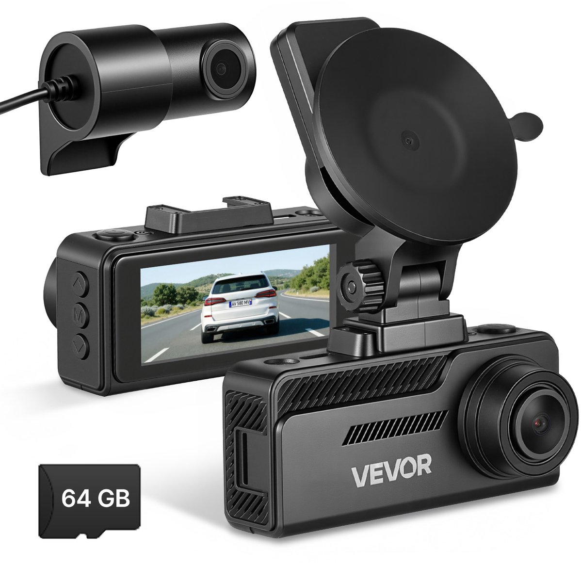 VEVOR 4k Dashcam voor Auto, voor- en Achterkant, 1080p Dubbele Autocamera Met GeïNtegreerde Gps, G-Sensor en 64gb Geheugenkaart, 3,18 Inch Scherm, 129° + 125° Groothoek, Loopopname, Parkeermodus, Zwart
