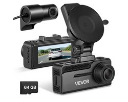 VEVOR 4k Dashcam voor Auto, voor- en Achterkant, 1080p Dubbele Autocamera Met GeïNtegreerde Gps, G-Sensor en 64gb Geheugenkaart, 3,18 Inch Scherm, 129° + 125° Groothoek, Loopopname, Parkeermodus, Zwart