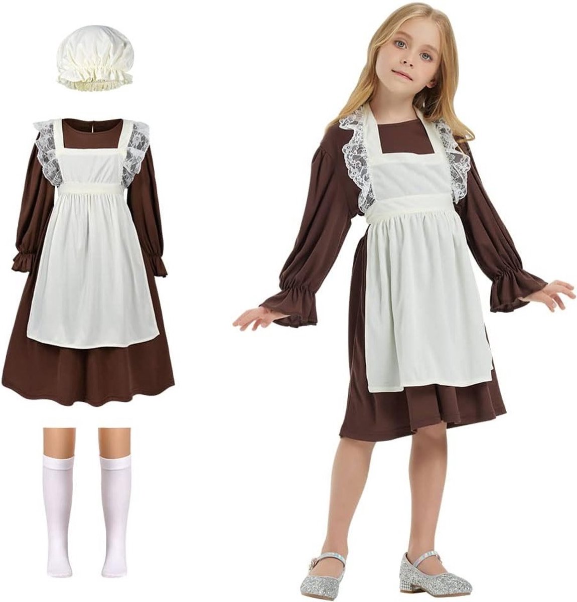 Victoriaanse Maids Kostuum voor Meisjes, Middeleeuwse Jurk met Mop Cap en Witte Sokken, Perfect voor Halloween en Wereld Boek Dag Cosplay