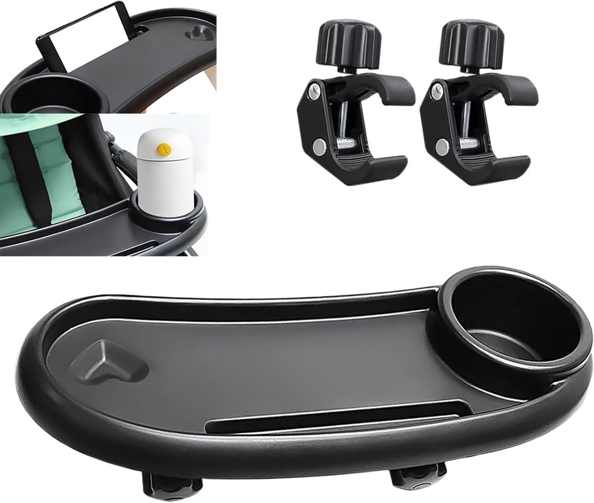 3-in-1 Snack Tray voor Kinderwagens met 360° Rotatie, Verstelbare Clip en Bekerhouder, Geschikt voor de meeste Kinderwagens met Armleuningen
