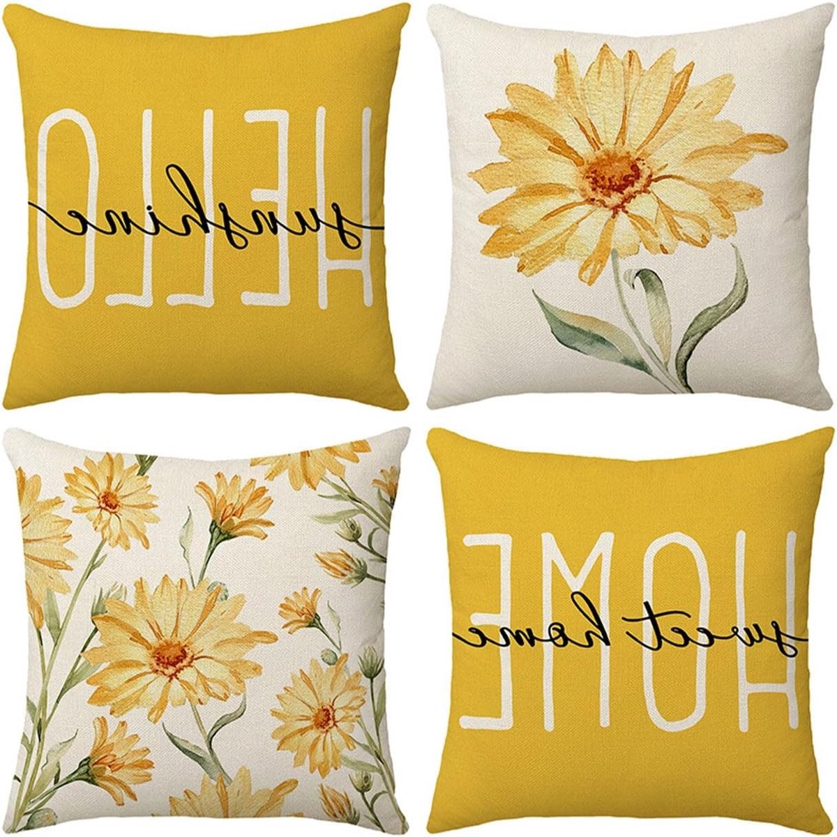 Set van 4 Kussenslopen 45x45 cm, Moderne Decoratieve Kussens met Bloemenprint voor Woonkamer en Slaapkamer, Onzichtbare Rits, Geel, Perfect voor Interieurdecoratie en Comfort
