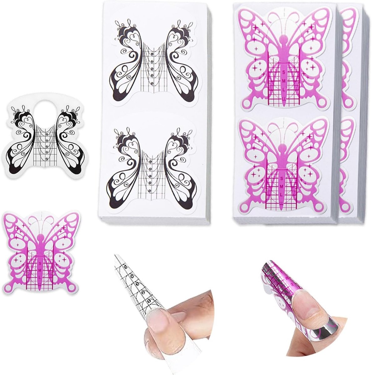 Set van 200 Zelfklevende Nagel Extension Sjablonen voor Acryl- en Gelnagels - Vouwbare Modelling Templates in Zwart en Roze voor Professionele Nagelkunst en Thuisgebruik