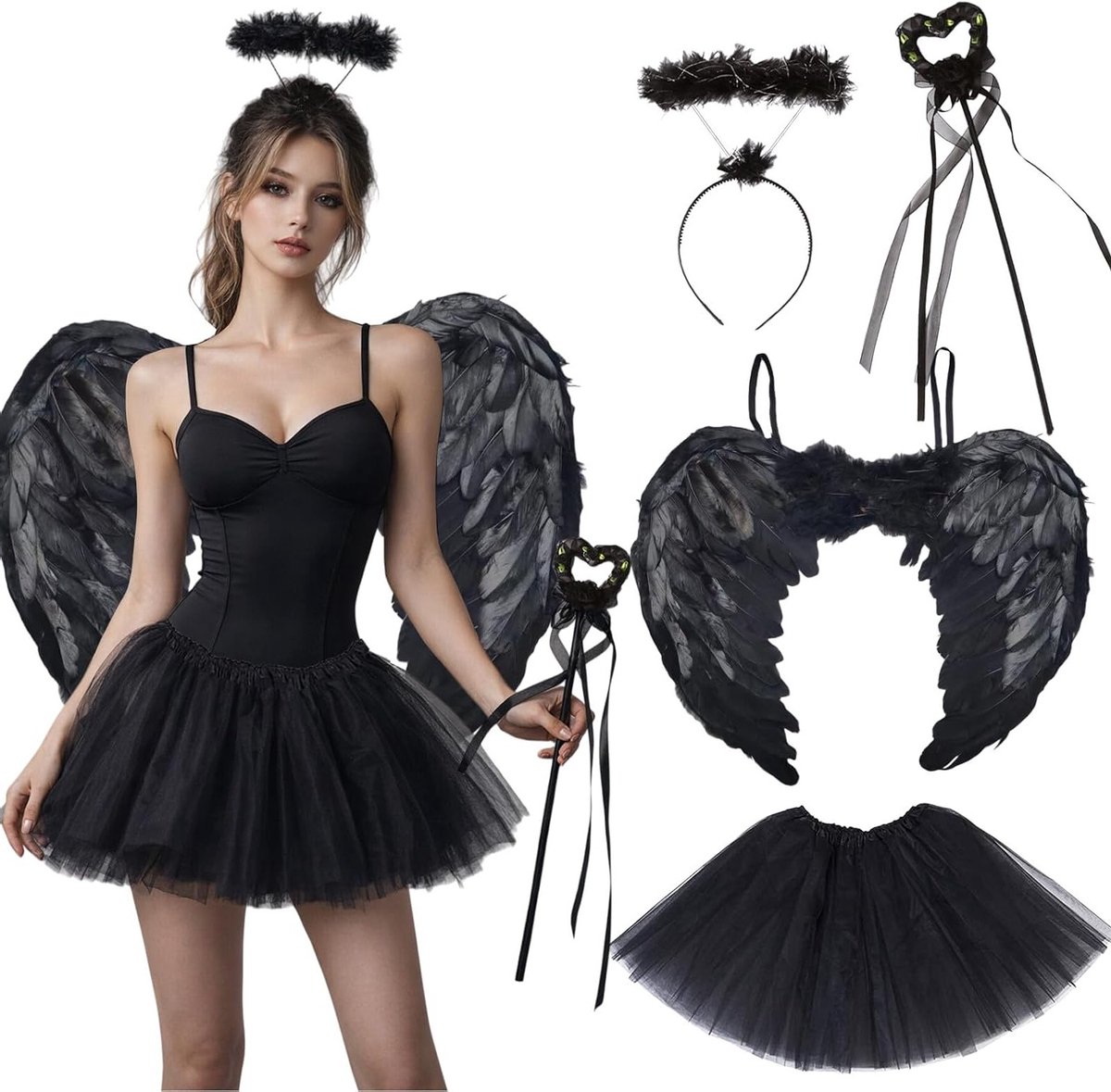 Set van 4 Zwarte Engel Kostuums voor Halloween, Met Vleugels, Hoorn, Tutu Rok en Masker voor Feestjes en Carnavals