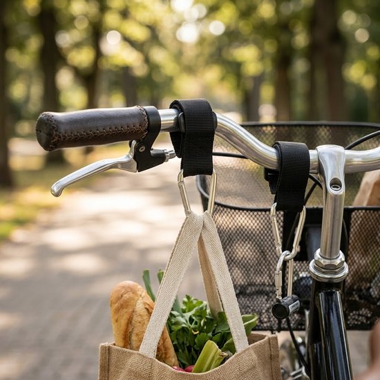 Zwart multifunctionele haken voor bolderkarren en fietsen set van 2 bevestigingshaken met karabijnhaak geschikt voor handkarren elektrische fietsen motoren kinderwagens en fietssturen draagbare ophanghaken — afbeelding 2