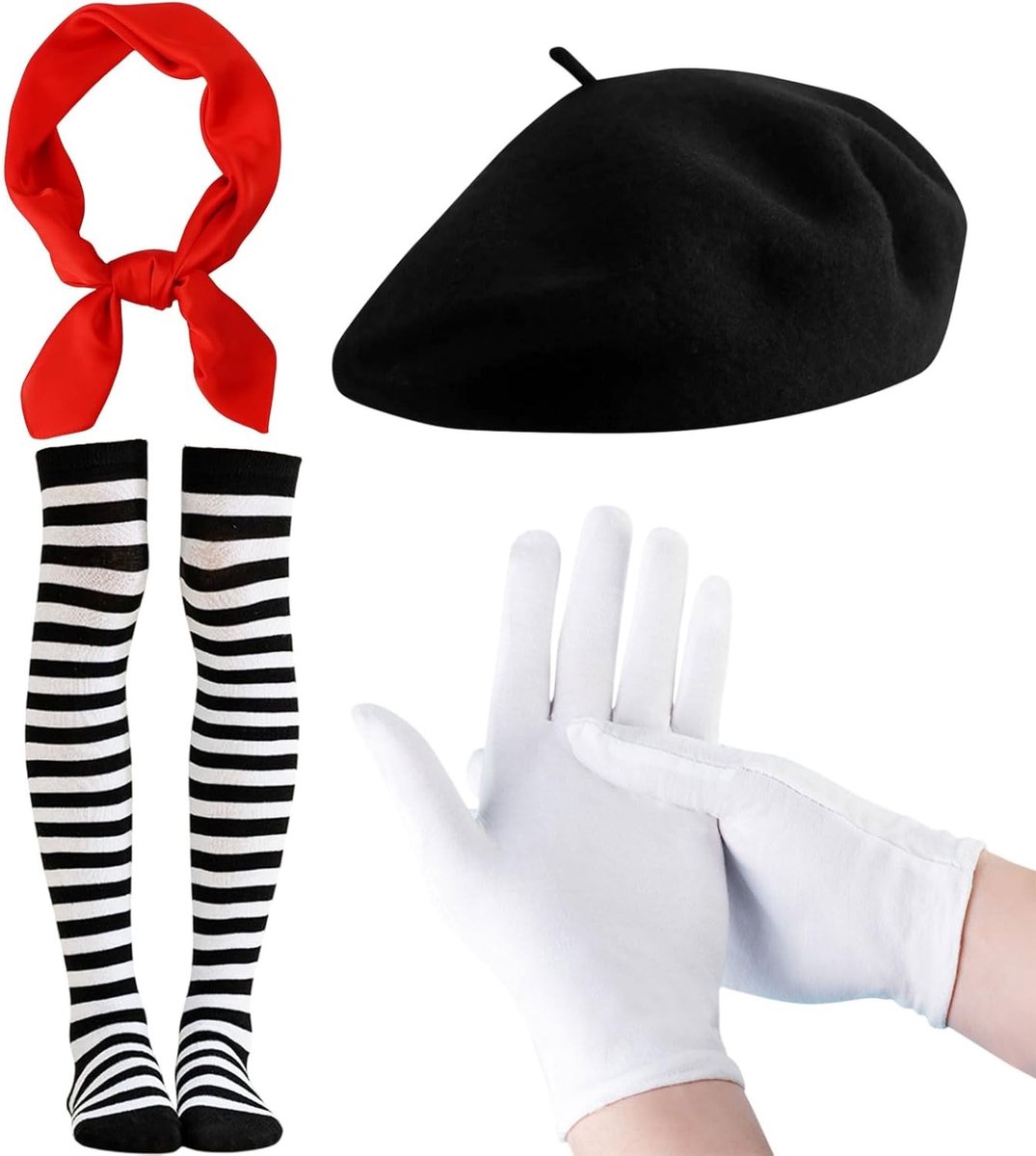 4-delig Franse Mime Kostuum voor Mannen en Vrouwen - Inclusief Beret, Handschoenen en Sokken - Perfect voor Theatervoorstellingen en Carnavalsfeestjes