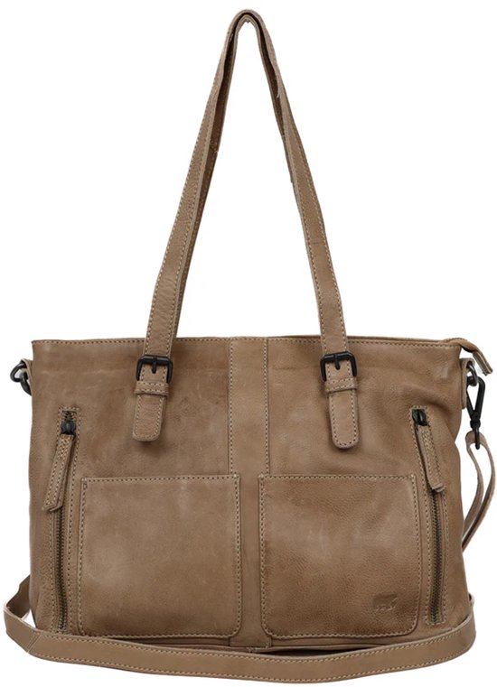 Beige leren handtas met twee handvatten, twee voorvakken met ritssluiting en een Bear Design logo.