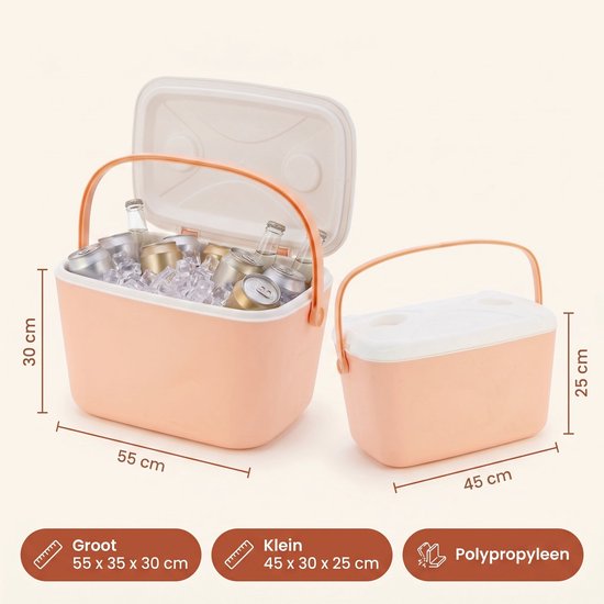 Cheqo® Koelbox Set van 2 - Roze - Passieve Koelbox voor Camping en Picknick - Draagbare Koeltas zonder Stroom - Geïsoleerd voor Strand en Auto - Stapelbaar - Frigobox - Coolbox - Festival - BBQ - Outdoor - Zomer van Cheqo — afbeelding 3