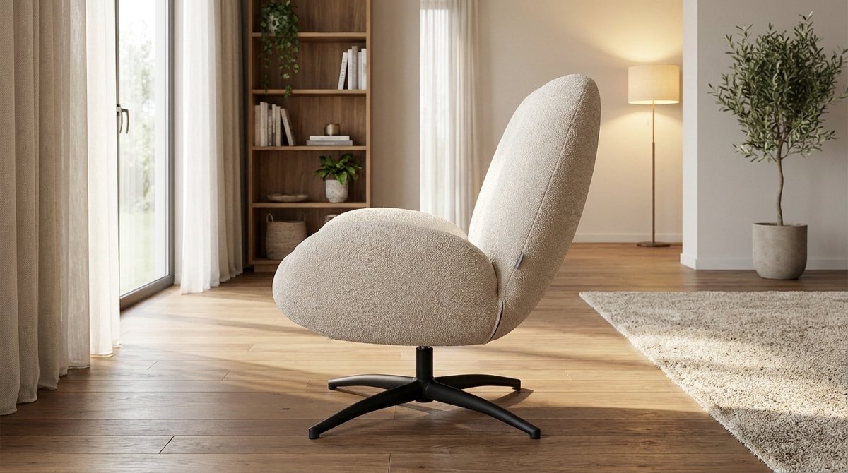 Draaifauteuil – Luxe 360° Draaistoel Clayton 82x89x91 cm – Naturel Canyon Waterafstotende Lounge Fauteuil, Zwart Metalen Onderstel, Comfortabele Design Stoel – Moderne Woonkamer Fauteuil – House&Garden
