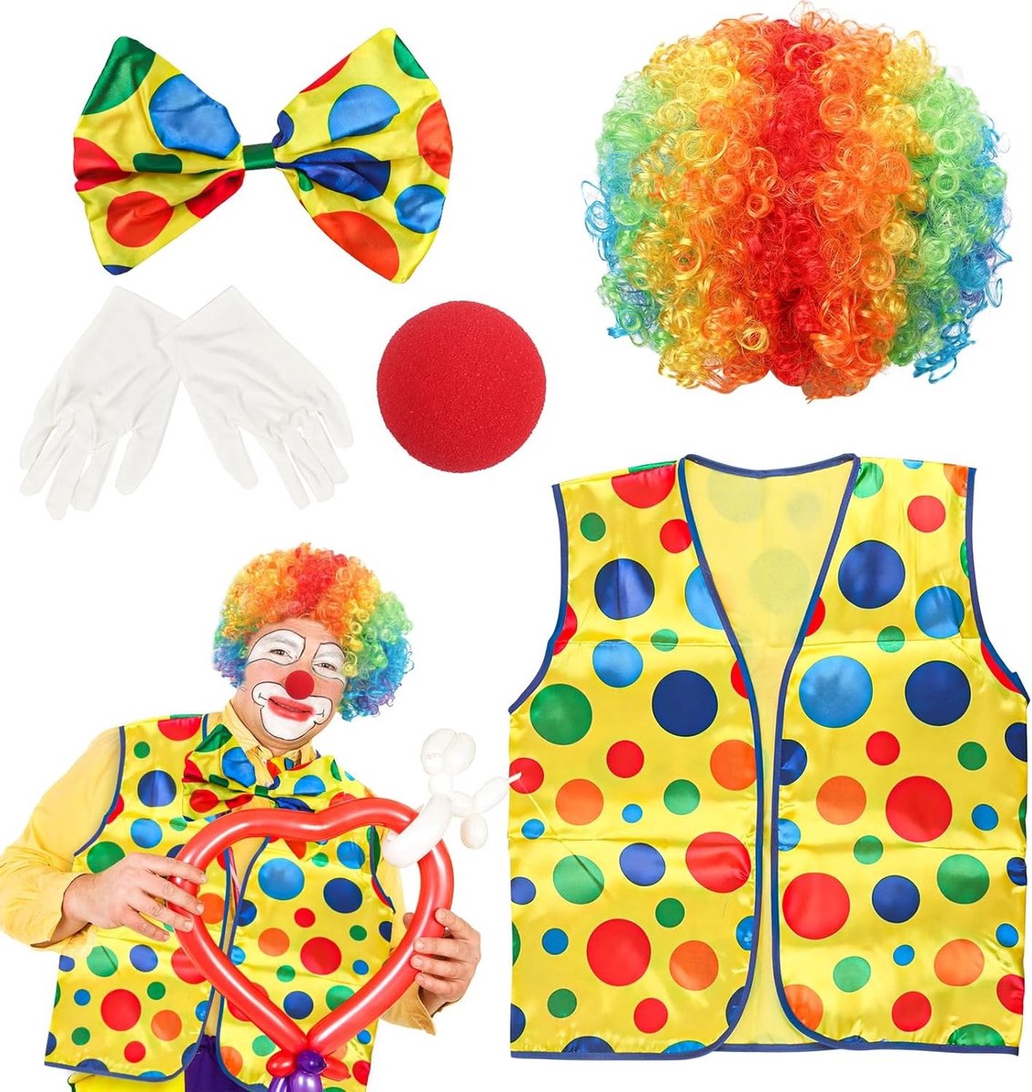 Volwassen Clown Kostuum voor Carnaval en Halloween met Peruk, Neus, Handschoenen en Stropdas voor Feestjes en Theatrale Optredens