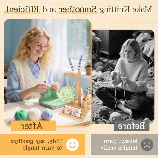 Multifunctionele Houten Wolhouder met Magnetische Steun voor Haakjes en Telefoonstandaard - Ideaal voor Breien en Haken, Draaibare Wolspoel met Natuurlijke Afwerking — afbeelding 4