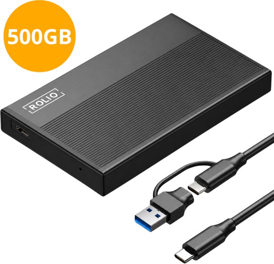 Rolio Externe Harde Schijf Pro - USB 3.1 en USB C - 1Gbps snelheid - 500GB Opslag