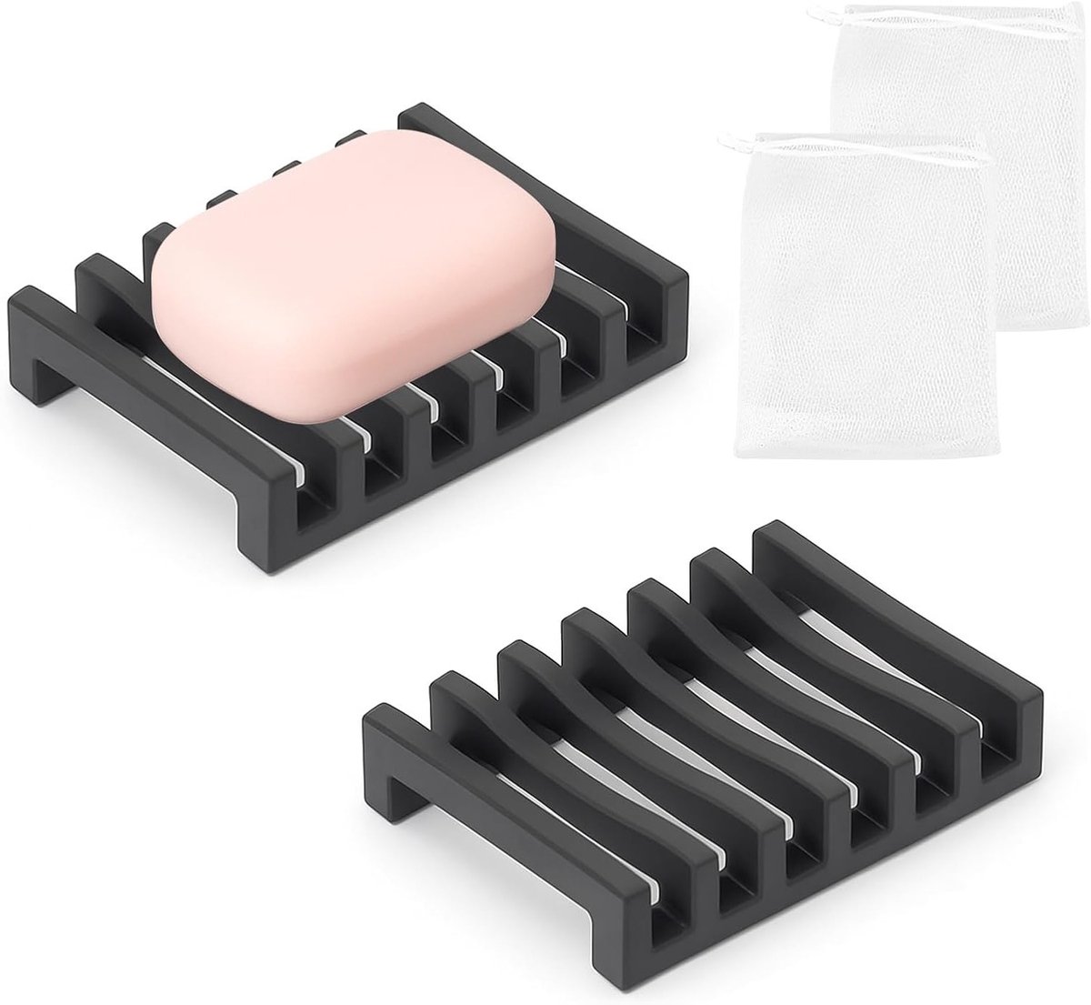 Set van 2 Siliconen Zeepbakjes met Afvoer, Makkelijk Schoon te Maken, Zwart voor Keuken en Badkamer, Houdt Zeep Droog en Duurzaam
