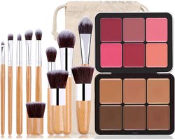 Complete Make-up Blush en Contour Palette Kit met 11 Professionele Make-up Kwasten voor Medium en Donkere Huid, Ideaal voor het Verbergen van Donkere Kringen, Roodheid en Acne