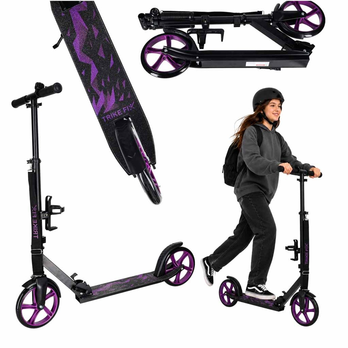 Playos® - Opvouwbare Step - tot 100 kg - Zwart / Paars - Inclusief Bel, Draagriem en Bidonhouder - Grote Wielen - Verstelbaar Stuur - Inklapbaar - met Standaard