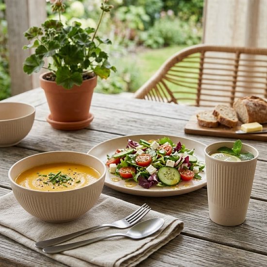 Beige camping servies dames en heren 3 delige servies set met bord kom en beker lichtgewicht PP tafelgerei voor kamperen picknick outdoor reizen en dagelijks gebruik — afbeelding 3