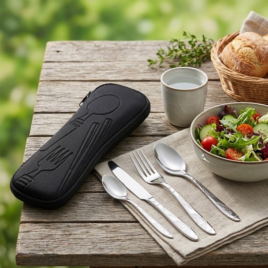 Zilverkleurig camping bestek dames en heren 4 delige RVS bestek set met mes vork lepels en opbergtas draagbaar tafelgerei voor kamperen reizen picknick en outdoor gebruik — afbeelding 2